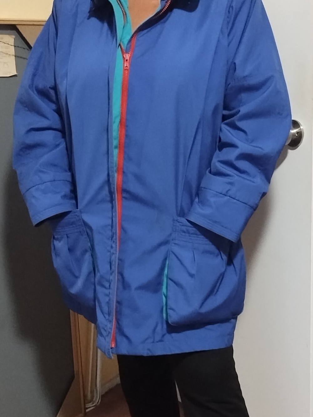 Women’s Blue Raincoat with Red Zip